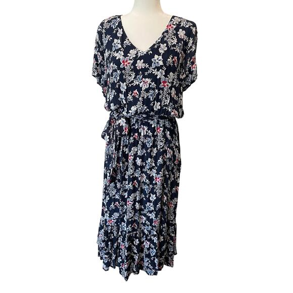 J. Jill Dresses & Skirts - J. Jill Floral Maxi Dress Tiered V-Neck Short Flutter Sleeves Pockets Sz LP Blue